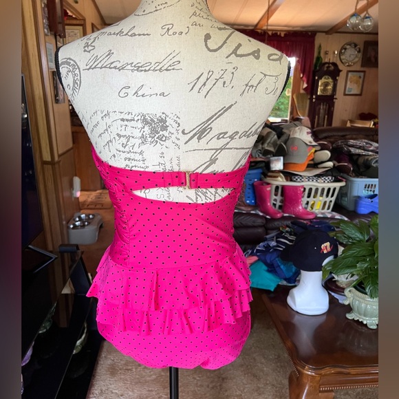 Jantzen One Piece Swimsuit Bathing Suit Strapless Ruffle Hot Pink Polka Dot 14. - Picture 12 of 16